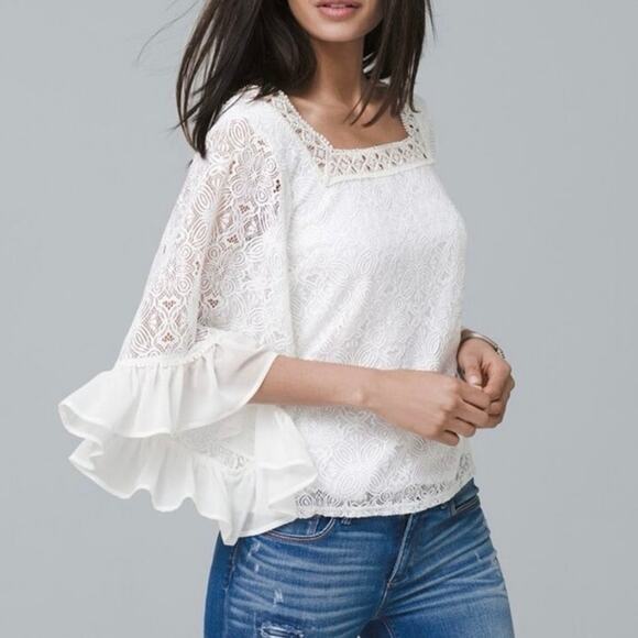 White House Black Market Tops - White House Black Market White Bell Sleeve Lace Square Neck Blouse Size XS